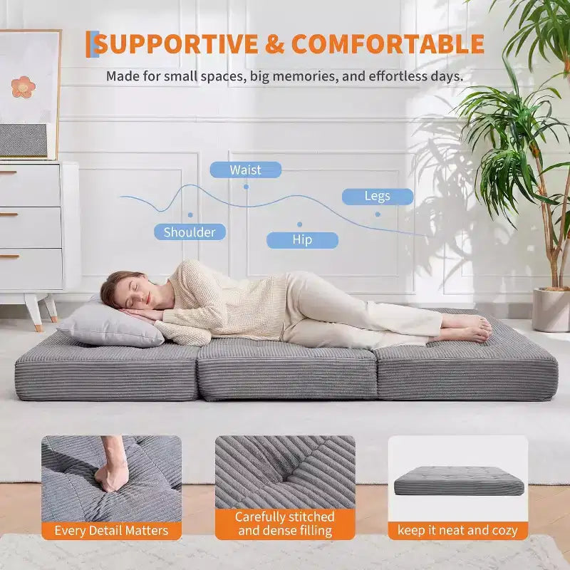 SunnyFurn Materasso a Tre Pieghe da 6 Pollici per Divano Letto, Letto Pieghevole in Schiuma per Ospiti con Corduroy Trapuntato, Portatile per Campeggio, Soggiorno, Camera da Letto