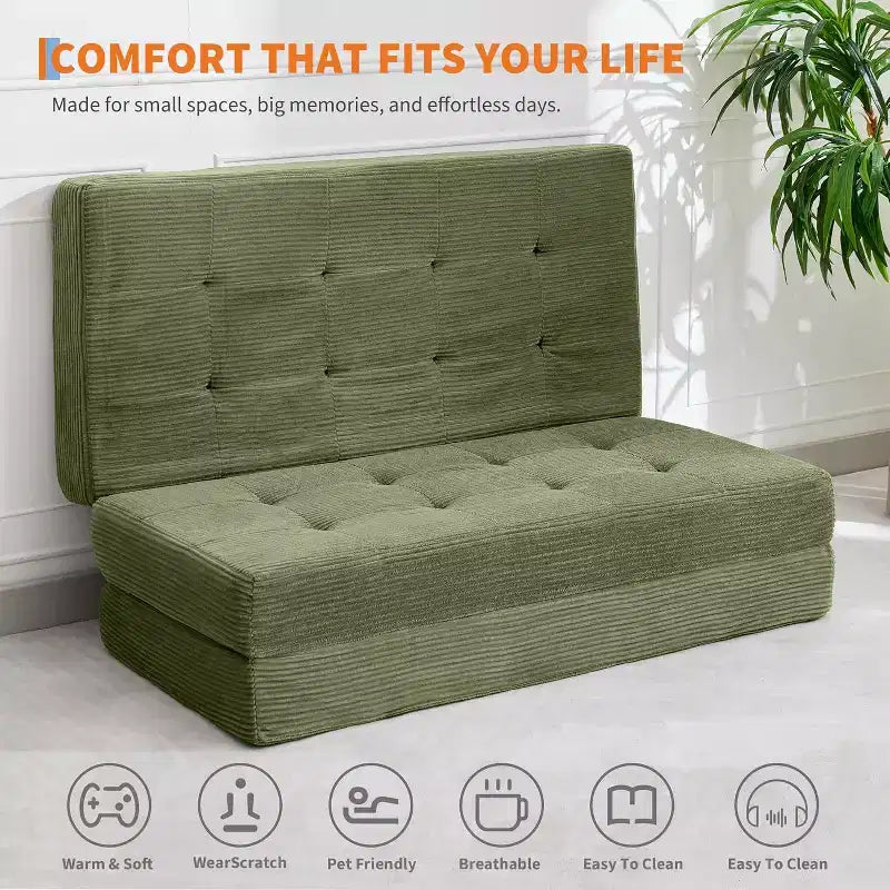 SunnyFurn Materasso a Tre Pieghe da 6 Pollici per Divano Letto, Letto Pieghevole in Schiuma per Ospiti con Corduroy Trapuntato, Portatile per Campeggio, Soggiorno, Camera da Letto