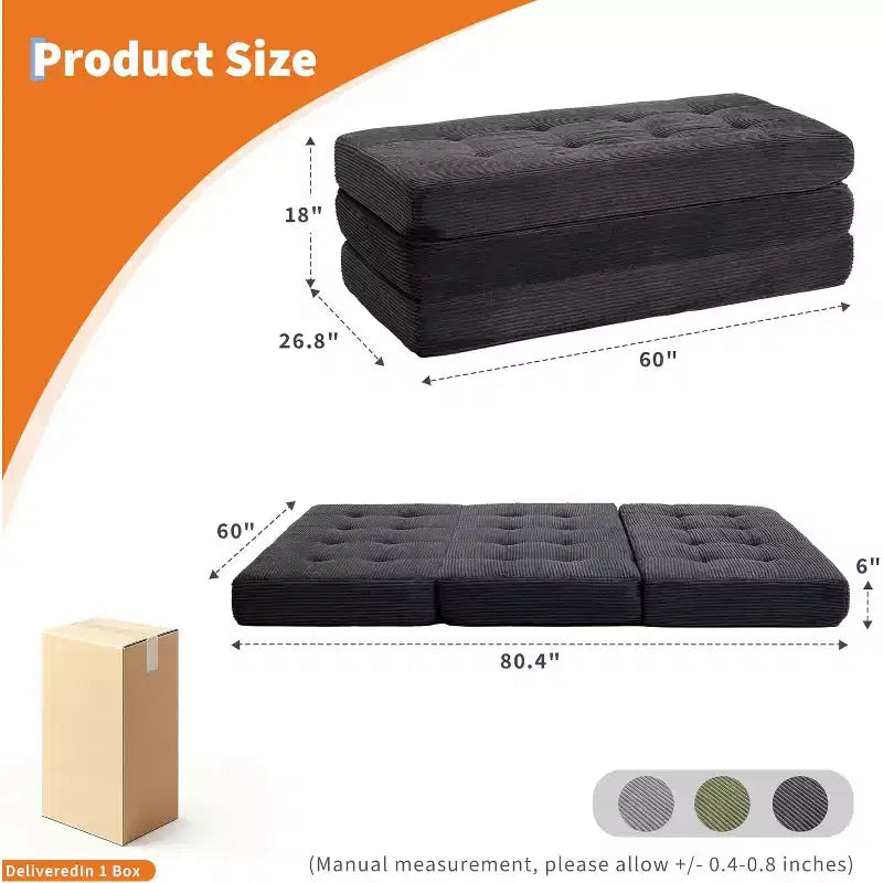 SunnyFurn Materasso a Tre Pieghe da 6 Pollici per Divano Letto, Letto Pieghevole in Schiuma per Ospiti con Corduroy Trapuntato, Portatile per Campeggio, Soggiorno, Camera da Letto