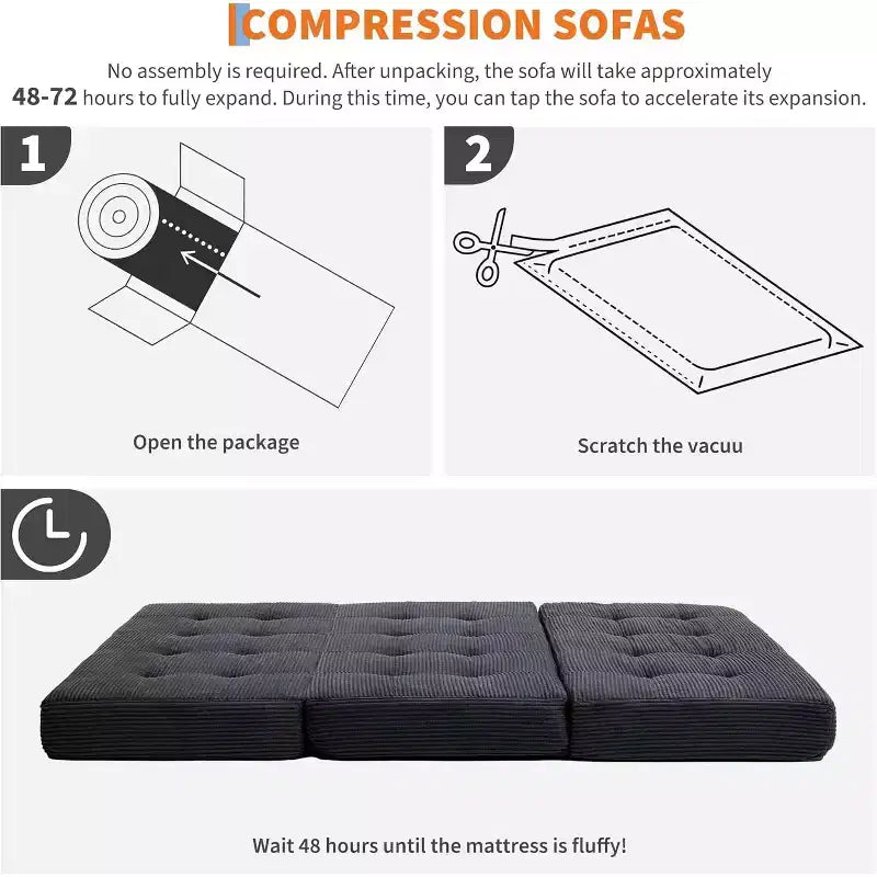 SunnyFurn Materasso a Tre Pieghe da 6 Pollici per Divano Letto, Letto Pieghevole in Schiuma per Ospiti con Corduroy Trapuntato, Portatile per Campeggio, Soggiorno, Camera da Letto