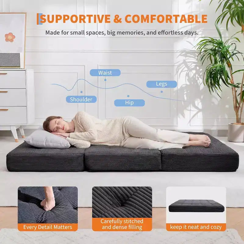 SunnyFurn Materasso a Tre Pieghe da 6 Pollici per Divano Letto, Letto Pieghevole in Schiuma per Ospiti con Corduroy Trapuntato, Portatile per Campeggio, Soggiorno, Camera da Letto