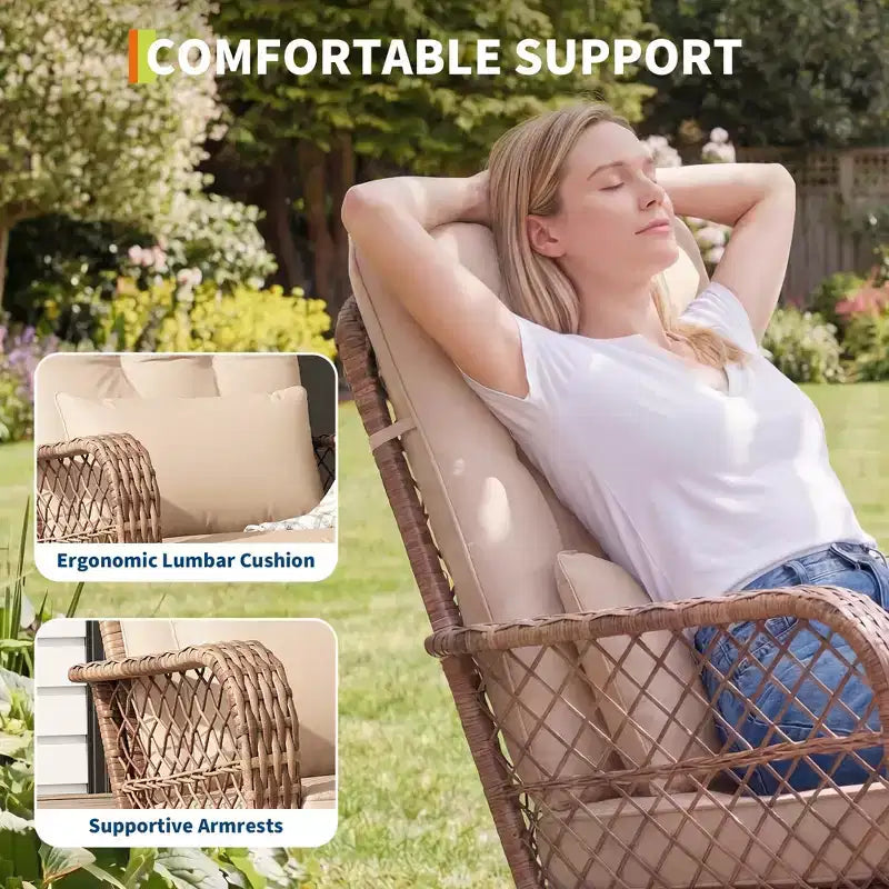 Sedia a dondolo da esterno in vimini con schienale alto e cuscini, sedia da esterno in rattan per portico resistente alle intemperie, rivestimenti sfoderabili e lavabili, capacità 150 kg