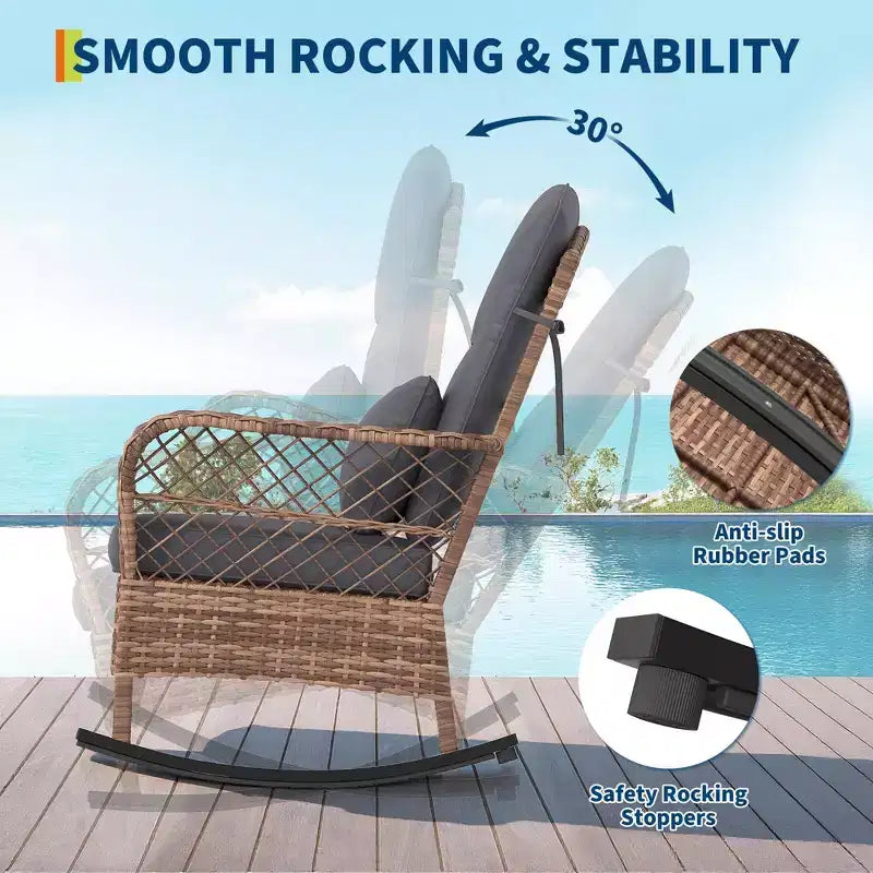 Sedia a dondolo da esterno in vimini con schienale alto e cuscini, sedia da esterno in rattan per portico resistente alle intemperie, rivestimenti sfoderabili e lavabili, capacità 150 kg