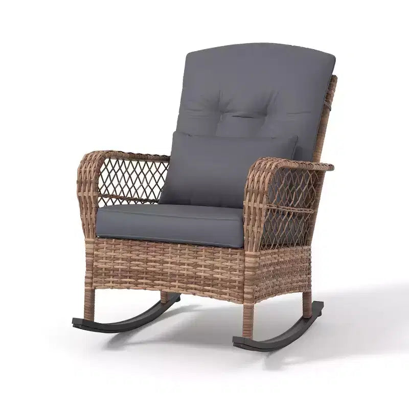 Sedia a dondolo da esterno in vimini con schienale alto e cuscini, sedia da esterno in rattan per portico resistente alle intemperie, rivestimenti sfoderabili e lavabili, capacità 150 kg