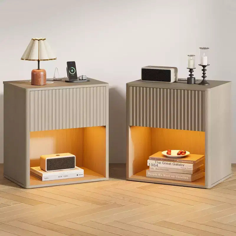 Set of 2 Fluted Nightstands w/ Charging Station & LED Light, Modern Wood End Table w/ Storage Drawer, Mid-Century Bedside Table for Bedroom