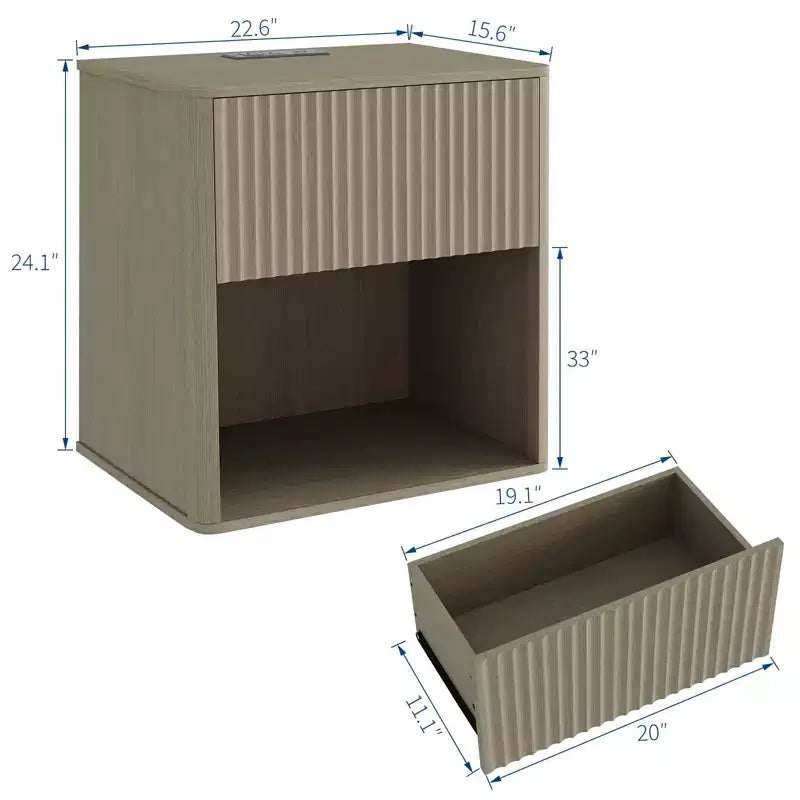 Set di 2 Comodini Scanalati con Stazione di Ricarica e Luce LED, Tavolino Moderno in Legno con Cassetto, Comodino Mid-Century per Camera da Letto