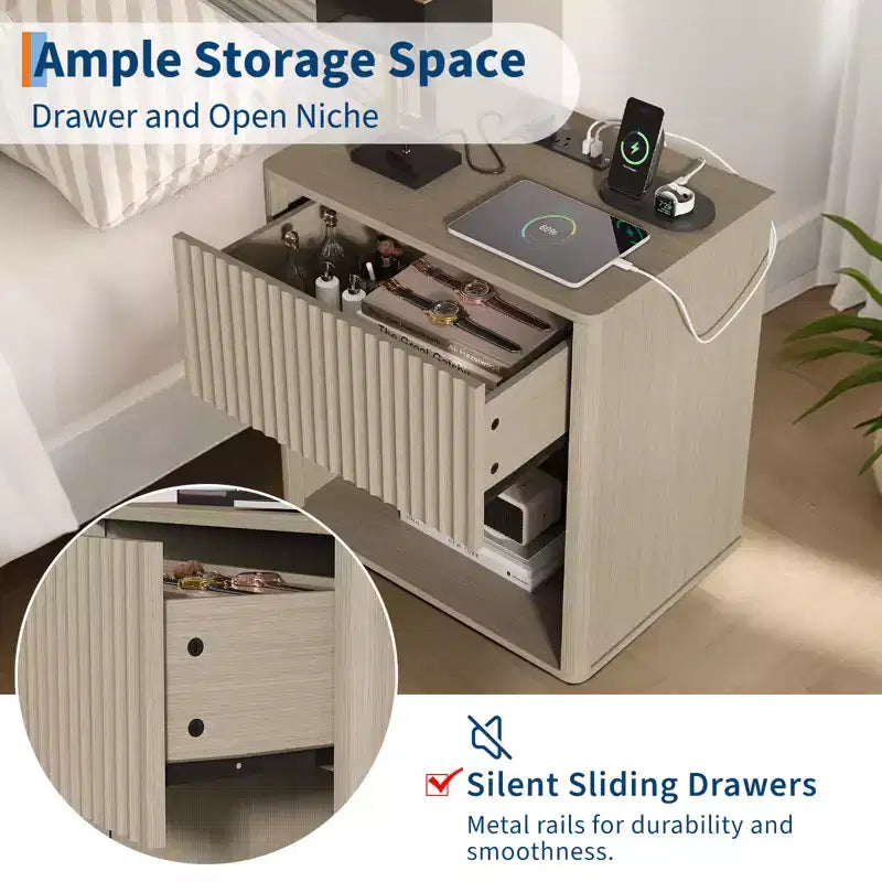 Set di 2 Comodini Scanalati con Stazione di Ricarica e Luce LED, Tavolino Moderno in Legno con Cassetto, Comodino Mid-Century per Camera da Letto