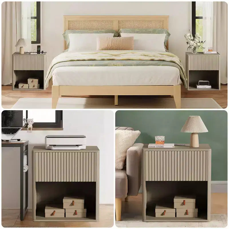 Set di 2 Comodini Scanalati con Stazione di Ricarica e Luce LED, Tavolino Moderno in Legno con Cassetto, Comodino Mid-Century per Camera da Letto