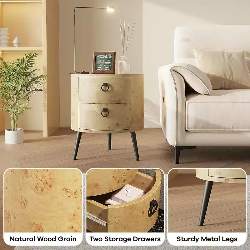 Tavolino rotondo moderno con 2 cassetti, tavolino laterale d'appoggio in legno con gambe in metallo, per camera da letto, soggiorno, appartamento