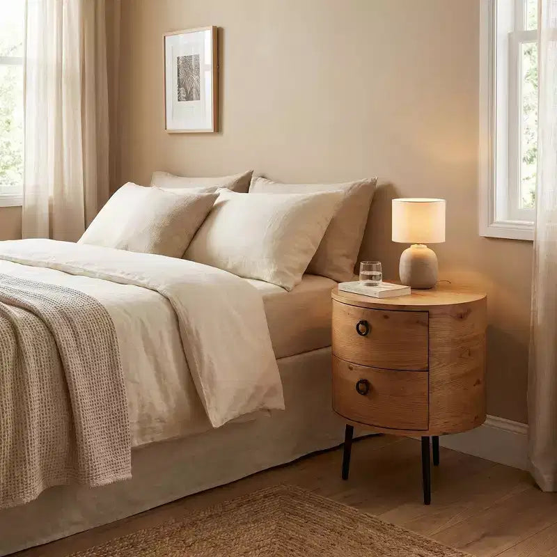 Tavolino rotondo moderno con 2 cassetti, tavolino laterale d'appoggio in legno con gambe in metallo, per camera da letto, soggiorno, appartamento