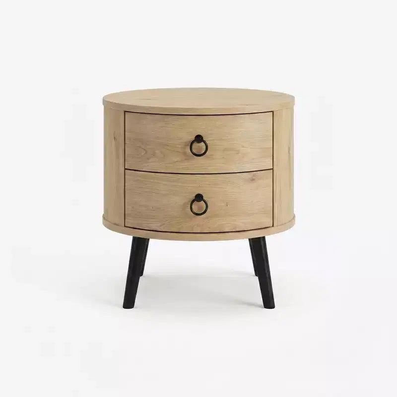 Modern Round Side Table with 2 Drawers, Wooden Accent End Table Nightstand with Metal Legs, Bedroom Living Room Apartment