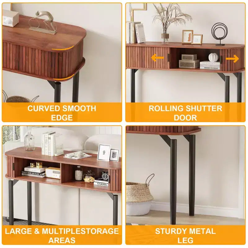 Consolle Moderna Scanalata - Tavolo Stretto da Ingresso o da Divano da 120 cm con Ante Scorrevoli e Cassetti - Ripiano Aperto - Finitura Rovere Noce
