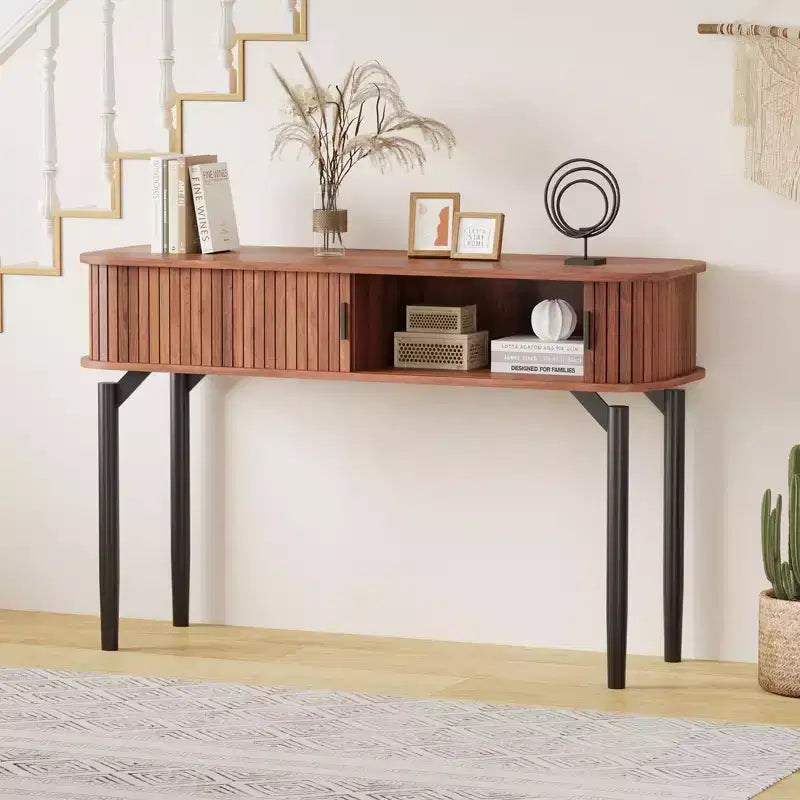 Consolle Moderna Scanalata - Tavolo Stretto da Ingresso o da Divano da 120 cm con Ante Scorrevoli e Cassetti - Ripiano Aperto - Finitura Rovere Noce