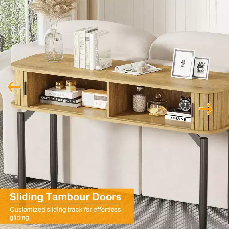 Consolle Moderna Scanalata - Tavolo Stretto da Ingresso o da Divano da 120 cm con Ante Scorrevoli e Cassetti - Ripiano Aperto - Finitura Rovere Noce