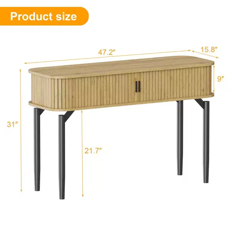 Consolle Moderna Scanalata - Tavolo Stretto da Ingresso o da Divano da 120 cm con Ante Scorrevoli e Cassetti - Ripiano Aperto - Finitura Rovere Noce