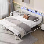 Struttura Divano Letto a Giorno Doppio GustoWave con Luci LED, Stazione di Ricarica, Testiera Contenitore, Letto Estraibile Pop-Up