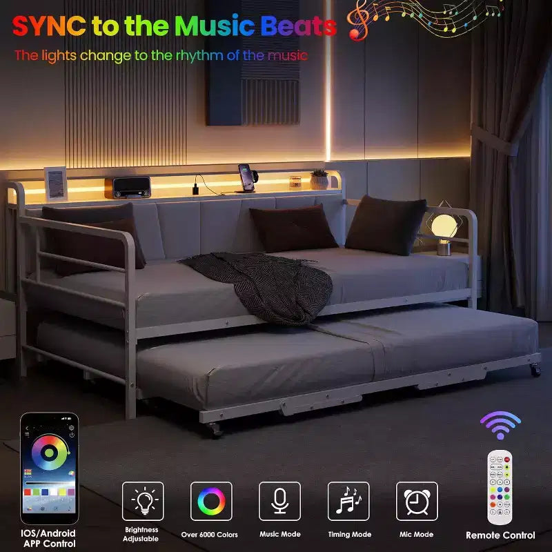 Struttura Divano Letto a Giorno Doppio GustoWave con Luci LED, Stazione di Ricarica, Testiera Contenitore, Letto Estraibile Pop-Up