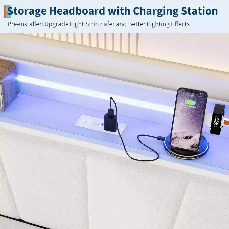 Struttura Divano Letto a Giorno Doppio GustoWave con Luci LED, Stazione di Ricarica, Testiera Contenitore, Letto Estraibile Pop-Up
