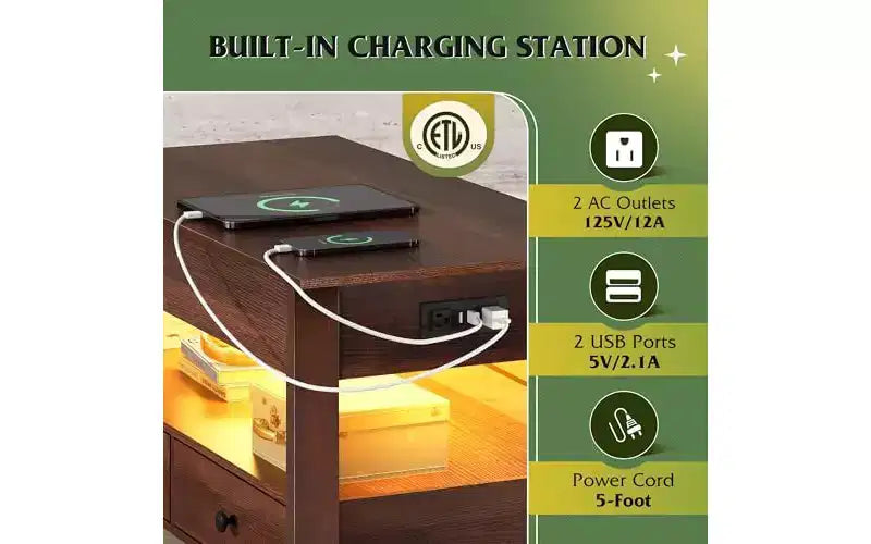 DEXYLLO Tavolino da caffè, Tavolino Salotto Trasformabile con 2 Cassetti, Luce LED, Ampio Spazio di Archiviazione e Ripiano Aperto