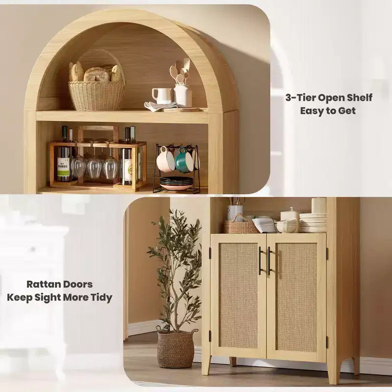Libreria ad Arco con Ante, Scaffale a 5 Livelli con Ripiani a Giorno e Decorazioni in Rattan, Mobile Contenitore in Stile Moderno Rustico per Ufficio Domestico