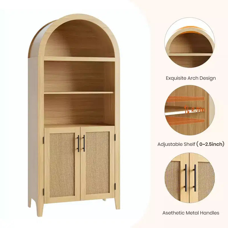 Libreria ad Arco con Ante, Scaffale a 5 Livelli con Ripiani a Giorno e Decorazioni in Rattan, Mobile Contenitore in Stile Moderno Rustico per Ufficio Domestico