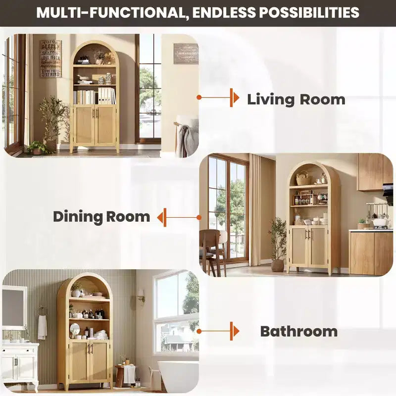 Libreria ad Arco con Ante, Scaffale a 5 Livelli con Ripiani a Giorno e Decorazioni in Rattan, Mobile Contenitore in Stile Moderno Rustico per Ufficio Domestico