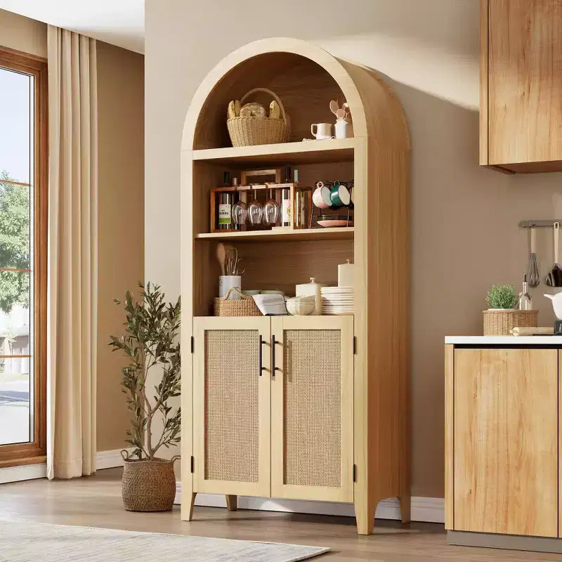 Libreria ad Arco con Ante, Scaffale a 5 Livelli con Ripiani a Giorno e Decorazioni in Rattan, Mobile Contenitore in Stile Moderno Rustico per Ufficio Domestico