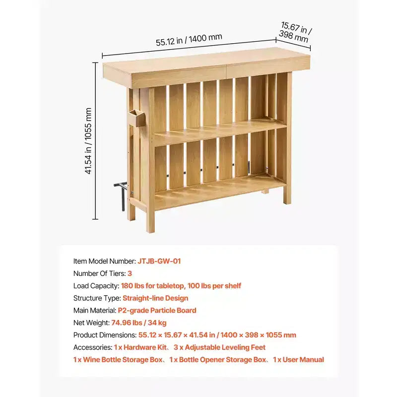 Mobile Bar Domestico VEVOR, Tavolo Mobile Bar per Vino a 3 Ripiani con Scaffali di Stoccaggio, Scatola porta-apribottiglie e Piedini Regolabili, Poggiapiedi Nero, Marrone Chiaro