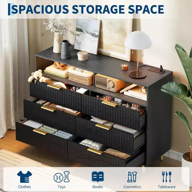 Cassettiera larga 47,2 con maniglia dorata, luci e stazione di ricarica per camera da letto