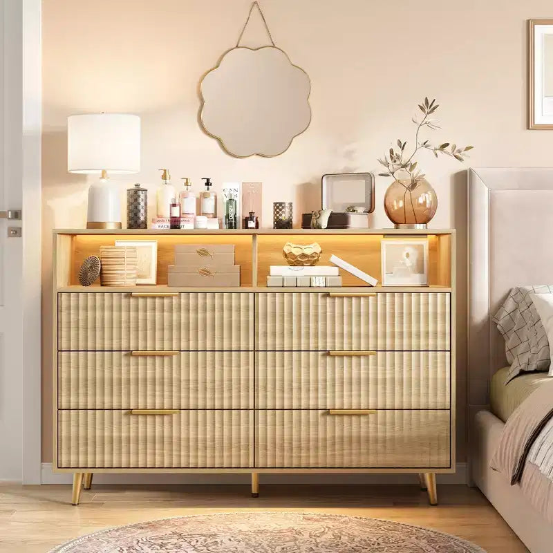 47.2 Wide Drawers Dresser with Gold Handle, Lights and Charging Station for Bedroom