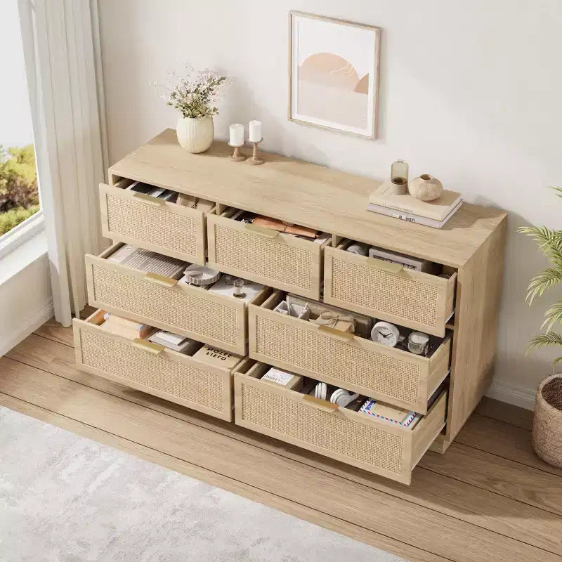 Cassettiera a 7 cassetti in rattan per camera da letto, mobile TV in rattan stile fattoria con 7 cassetti, organizer moderno e versatile per camera da letto, ingresso