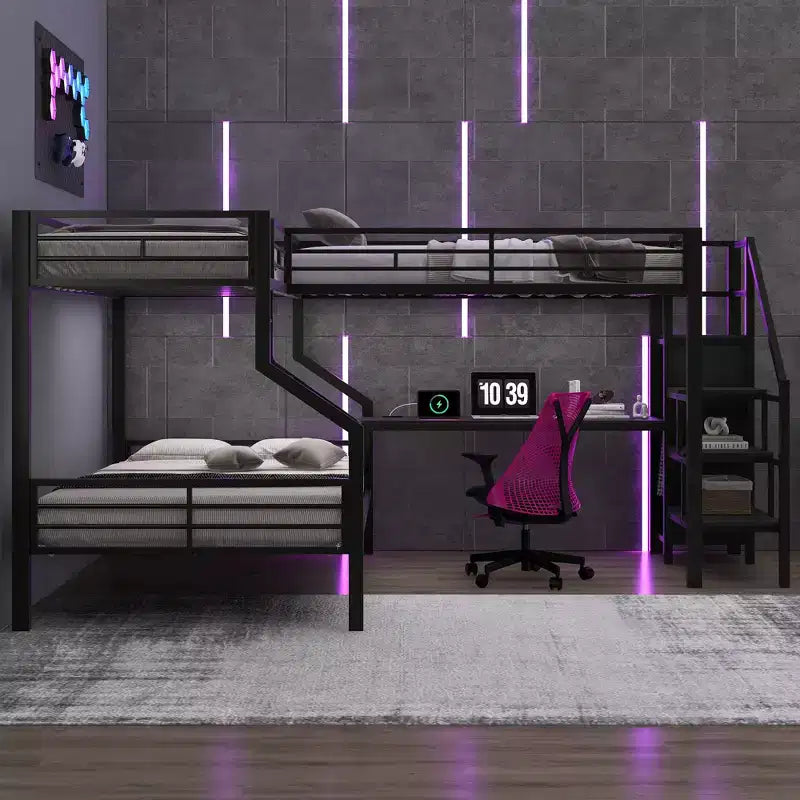 Letto a Castello a L in Metallo, una Piazza e Mezza, con USB, Letto a Soppalco Singolo con Scrivania e Armadio Integrato, Nero