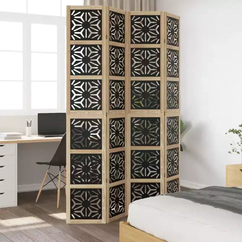 vidaXL Paravento a 4 Pannelli Legno Massello di Paulownia Marrone e Nero