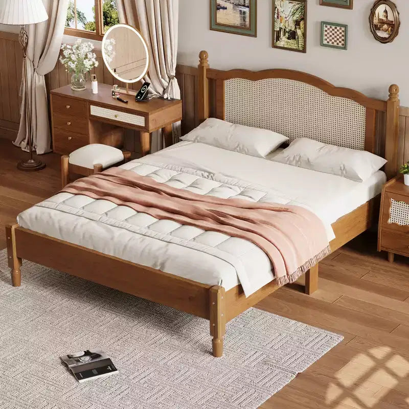 FAMYYT Letto Matrimoniale con Piattaforma in Legno, Testiera in Rattan Naturale e Supporto a Doghe in Legno, Facile da Montare