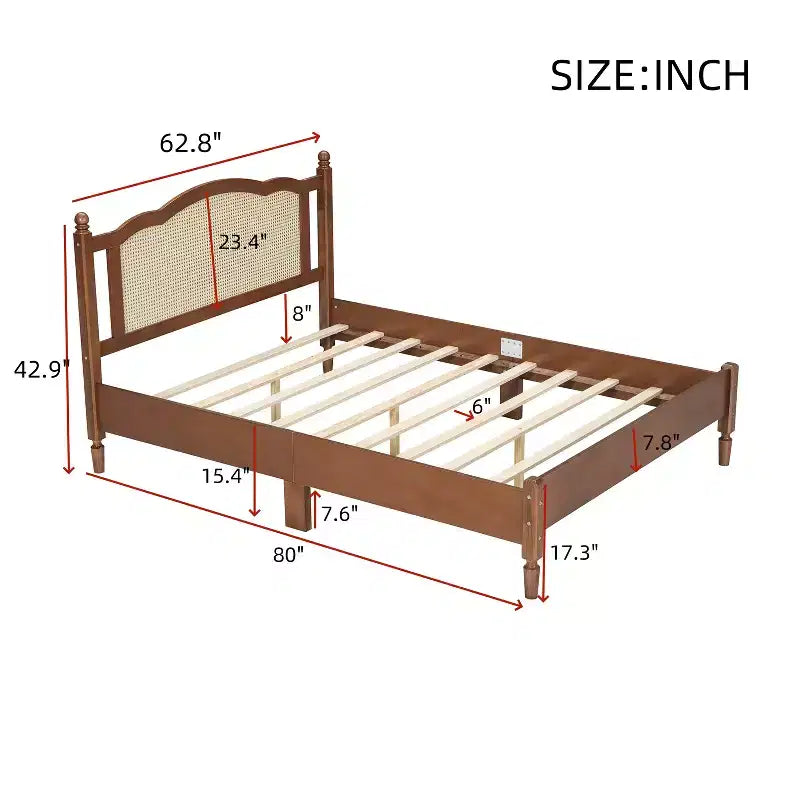 FAMYYT Letto Matrimoniale con Piattaforma in Legno, Testiera in Rattan Naturale e Supporto a Doghe in Legno, Facile da Montare