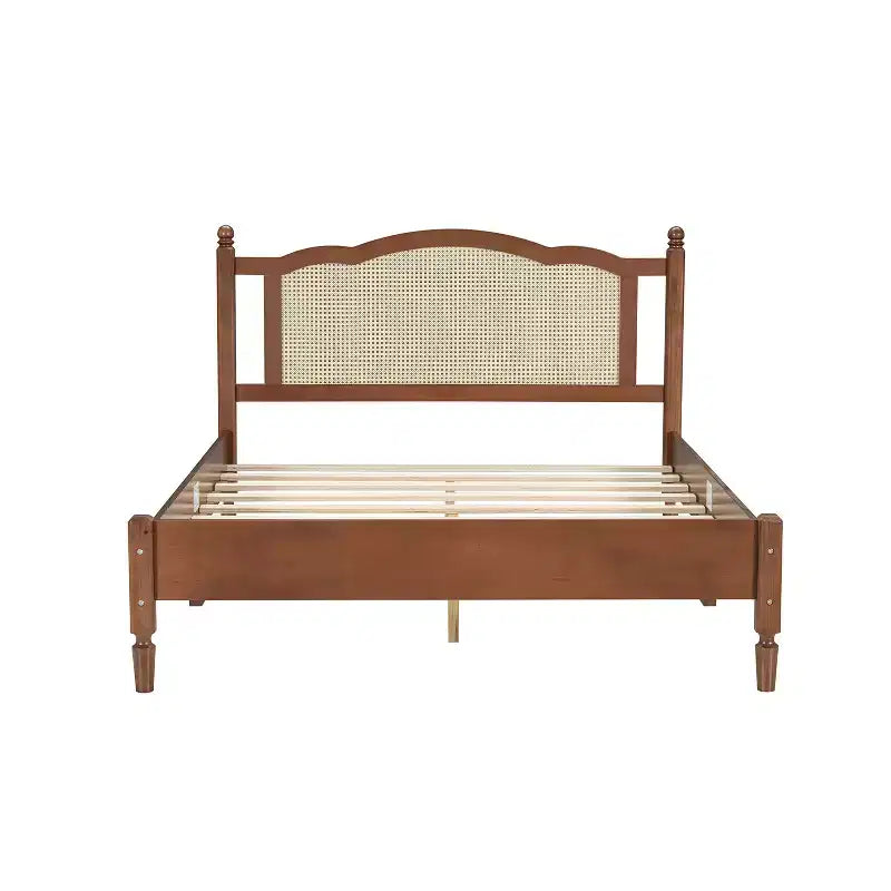 FAMYYT Letto Matrimoniale con Piattaforma in Legno, Testiera in Rattan Naturale e Supporto a Doghe in Legno, Facile da Montare
