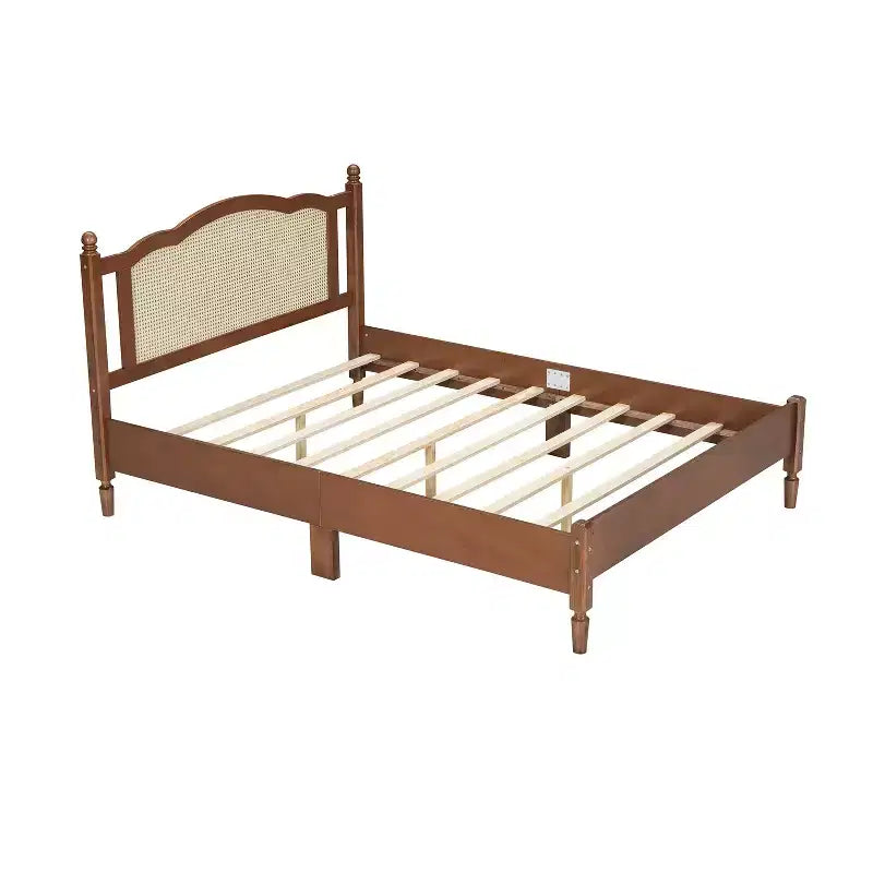 FAMYYT Letto Matrimoniale con Piattaforma in Legno, Testiera in Rattan Naturale e Supporto a Doghe in Legno, Facile da Montare