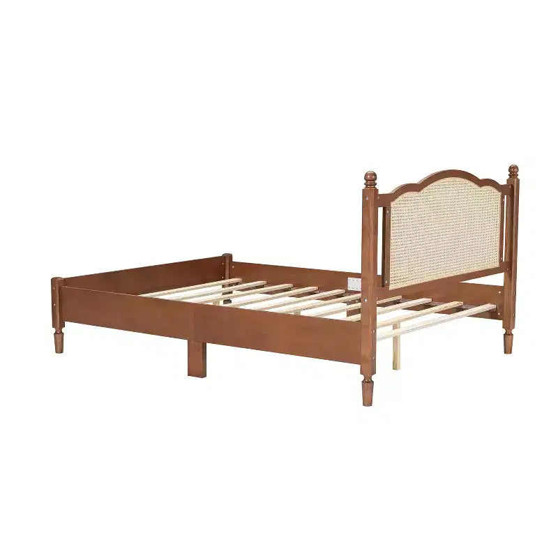 FAMYYT Letto Matrimoniale con Piattaforma in Legno, Testiera in Rattan Naturale e Supporto a Doghe in Legno, Facile da Montare
