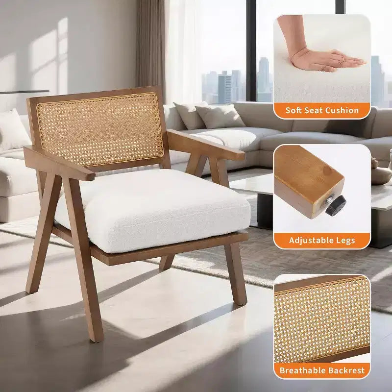 Set di 2 sedie lounge moderne GustoWave con gambe in legno, schienale in rattan e seduta imbottita