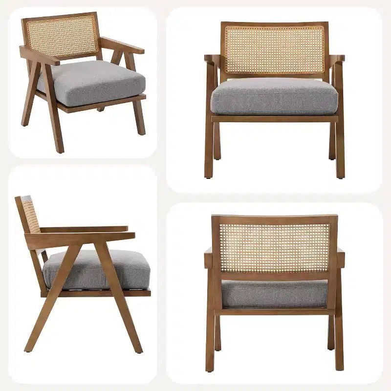 Set di 2 sedie lounge moderne GustoWave con gambe in legno, schienale in rattan e seduta imbottita