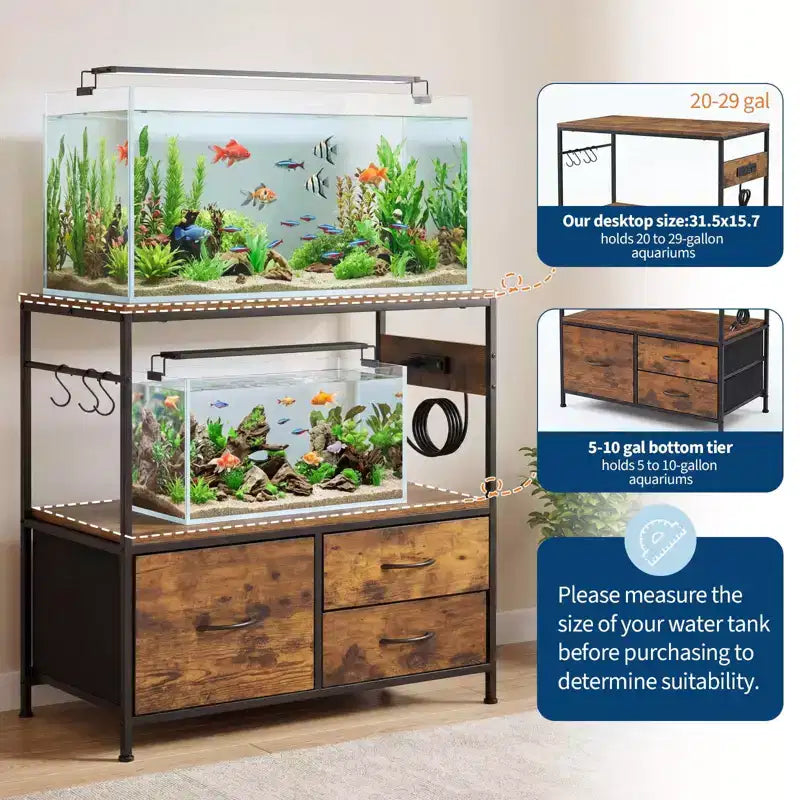 Mobile per acquario da 75-110 litri, supporto per acquario con struttura in metallo e cassetti, mobile doppio per tartarughiera (acquario non incluso)
