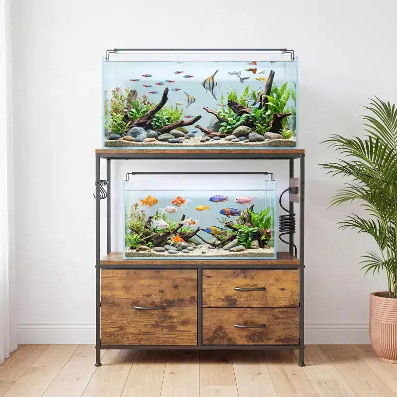 Mobile per acquario da 75-110 litri, supporto per acquario con struttura in metallo e cassetti, mobile doppio per tartarughiera (acquario non incluso)
