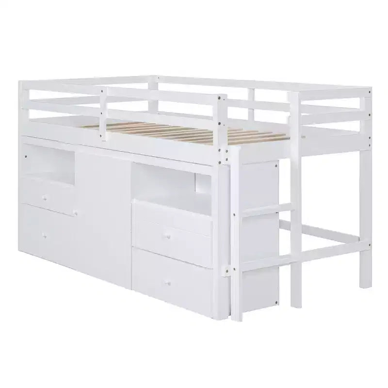 Luxystar, Letto a soppalco basso moderno singolo con 4 cassetti, armadietto e mensole per camera da letto,