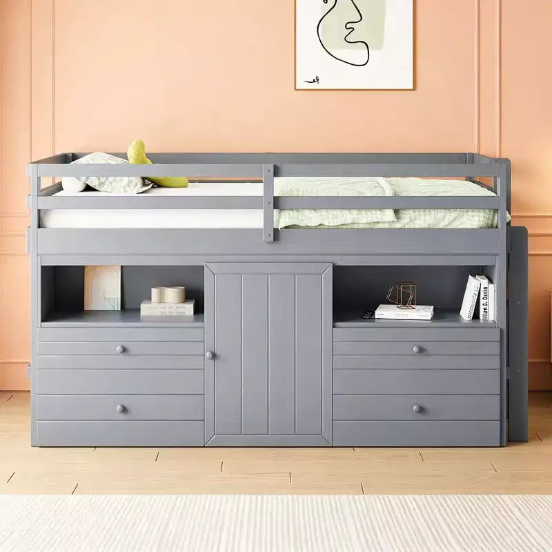 Luxystar, Letto a soppalco basso moderno singolo con 4 cassetti, armadietto e mensole per camera da letto,