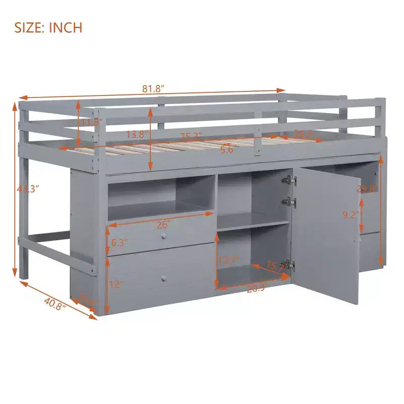 Luxystar, Letto a soppalco basso moderno singolo con 4 cassetti, armadietto e mensole per camera da letto,