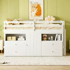 Luxystar, Letto a soppalco basso moderno singolo con 4 cassetti, armadietto e mensole per camera da letto,