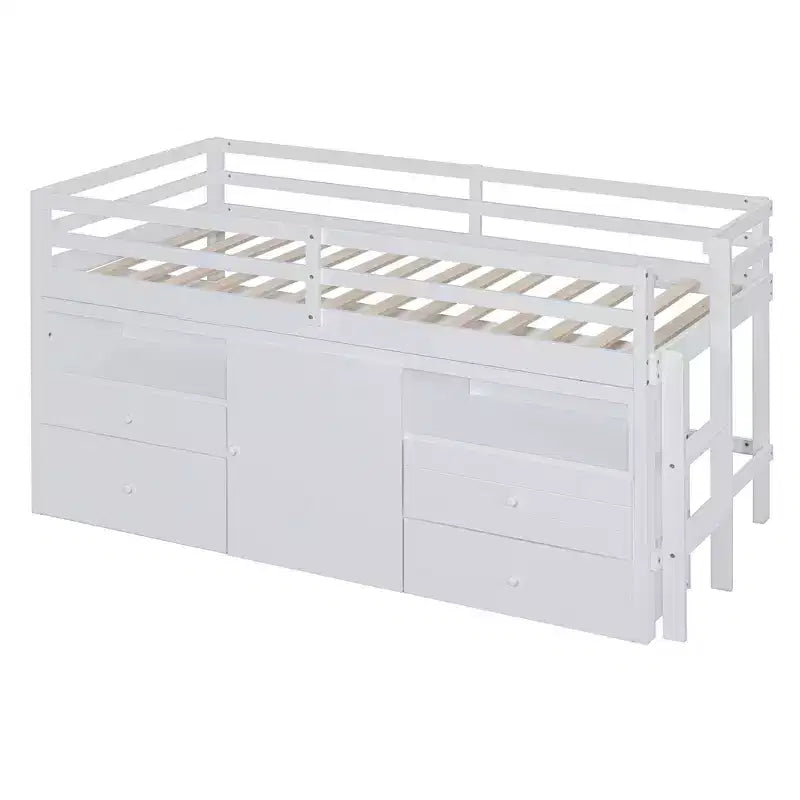 Luxystar, Letto a soppalco basso moderno singolo con 4 cassetti, armadietto e mensole per camera da letto,