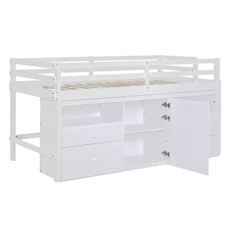 Luxystar, Letto a soppalco basso moderno singolo con 4 cassetti, armadietto e mensole per camera da letto,