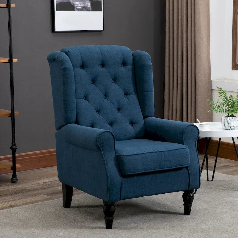 Poltrona accent blu con schienale ad ali, capitonné, monosedile