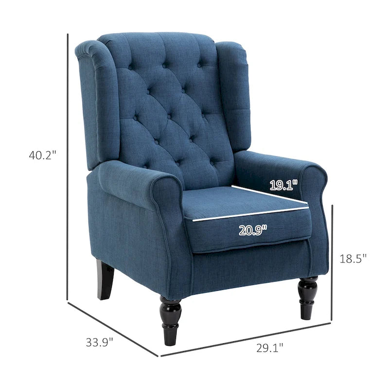 Poltrona accent blu con schienale ad ali, capitonné, monosedile